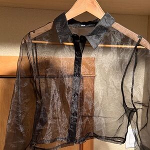 Zara Black Sheer Button-Up Blouse